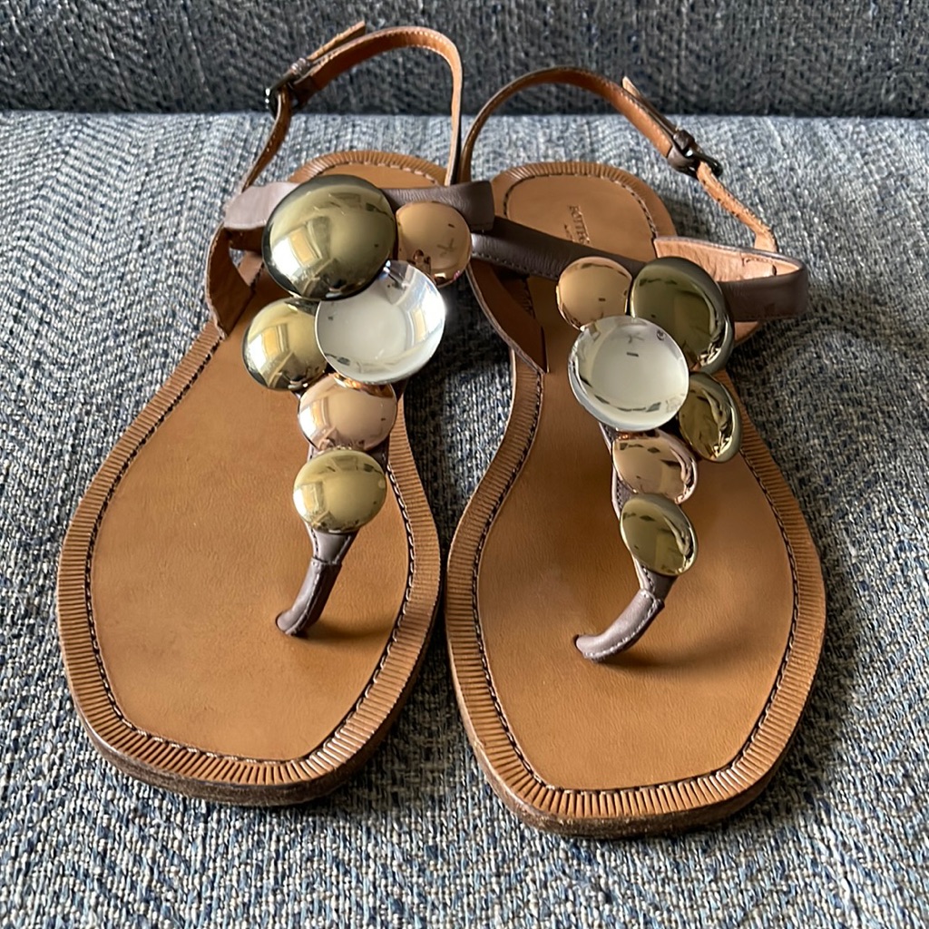 Bottega Veneta Taupe Leather Embroidered With Circular Brass Sandals Size: 37.5